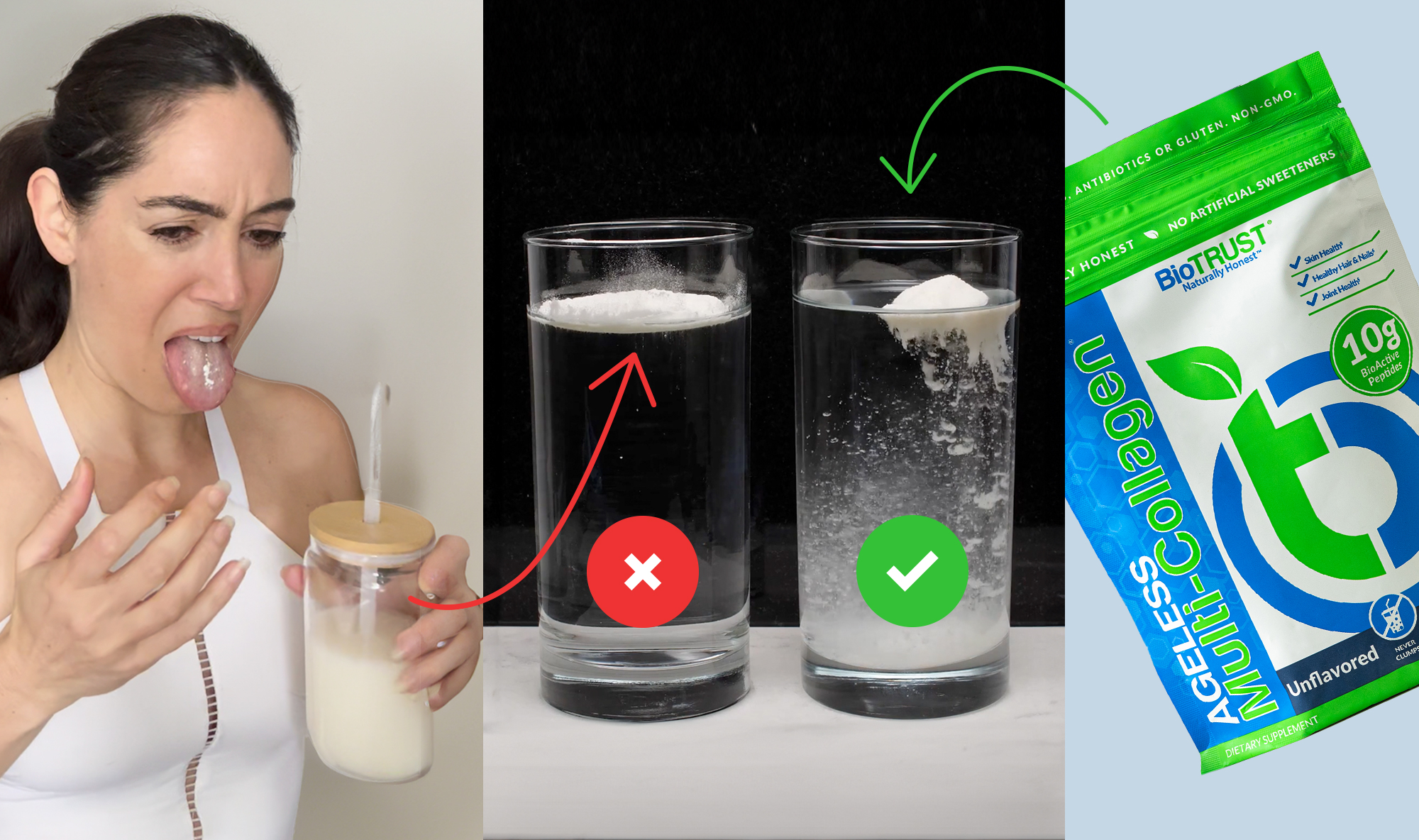 BioTrust Ageless Multi-Collagen powder dissolving into black coffee in a mug