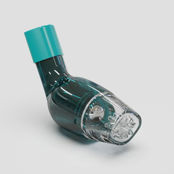AirPhysio OPEP Device — Professional Studio Packshot 2026 AirPhysio inhaler device with turquoise cap on white background