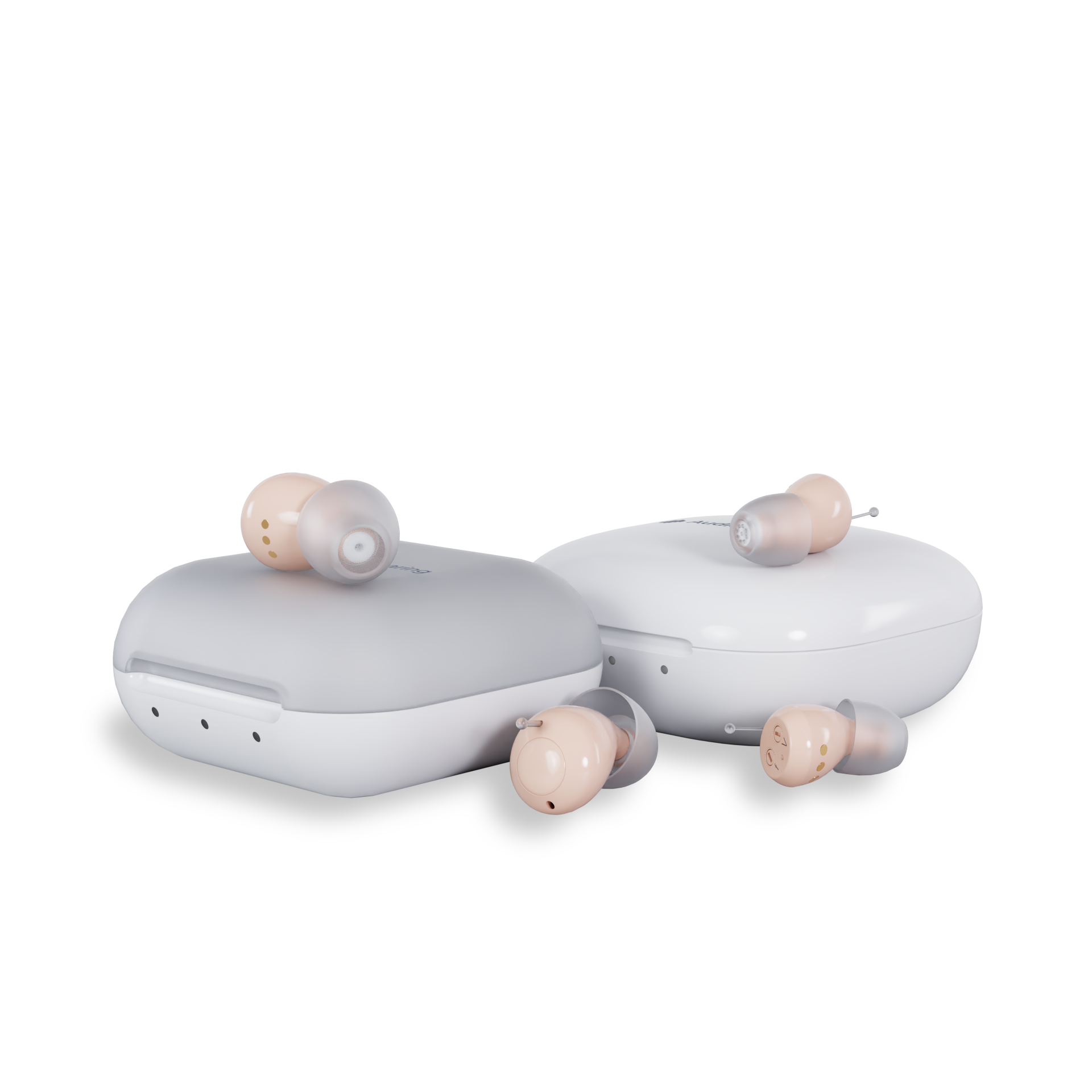 Audien Atom 2 hearing aids — compact OTC design on white background