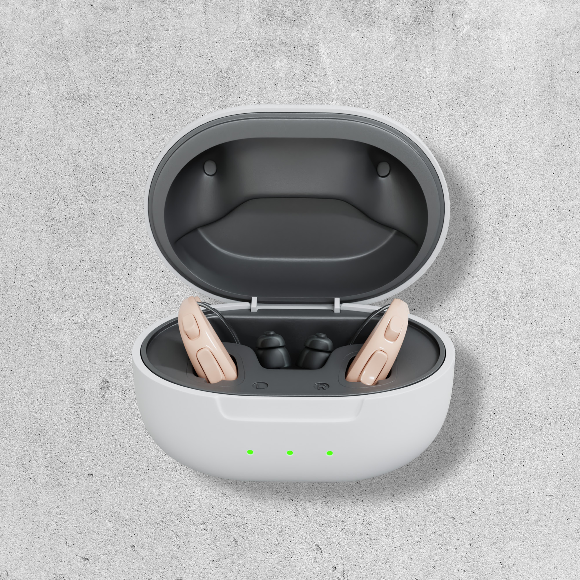 Audien Atom One hearing aids with case open at an angle showing both earpieces seated in charging case