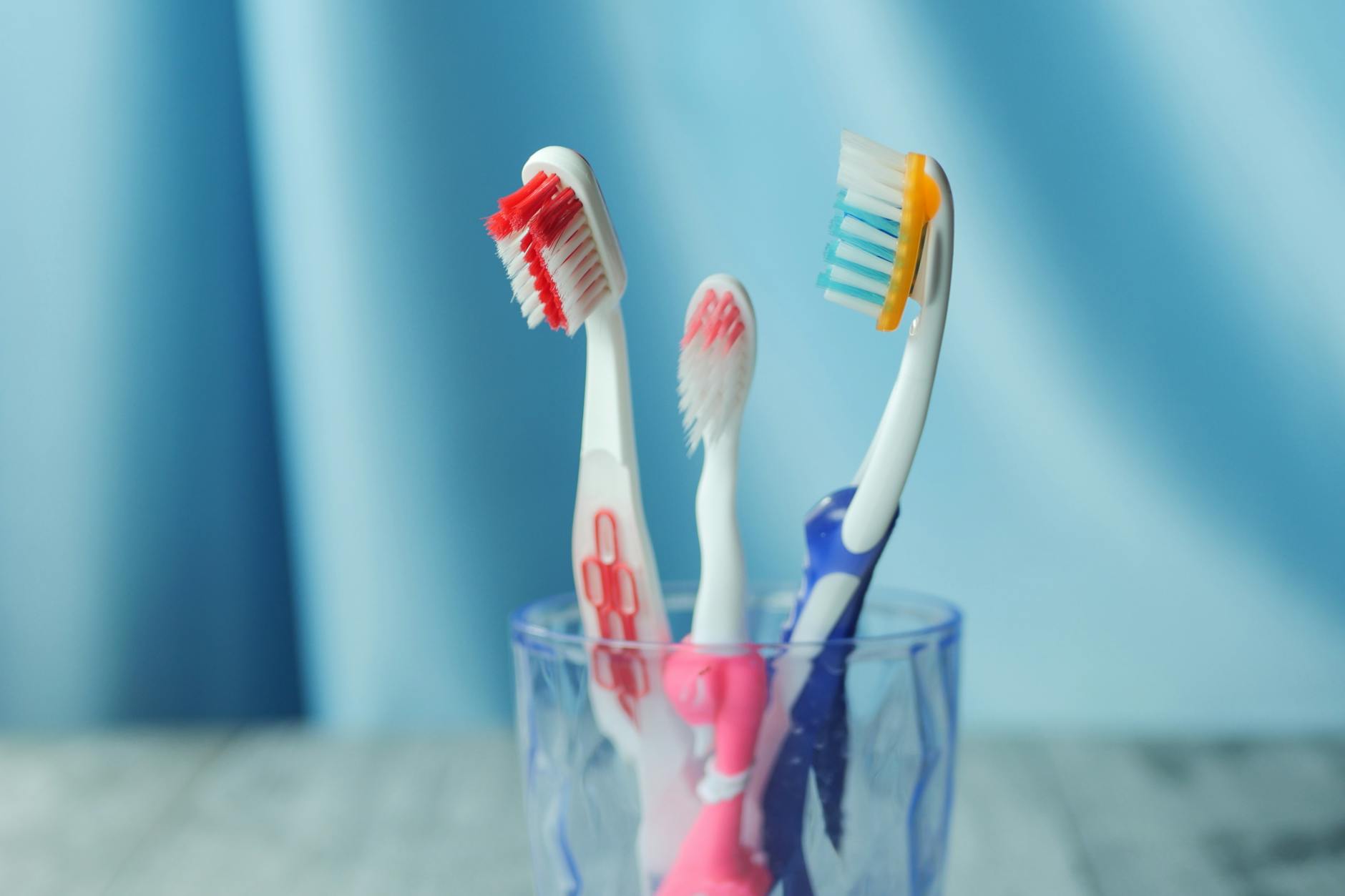 Multiple colorful toothbrushes stored together in a glass — a common source of cross-contamination