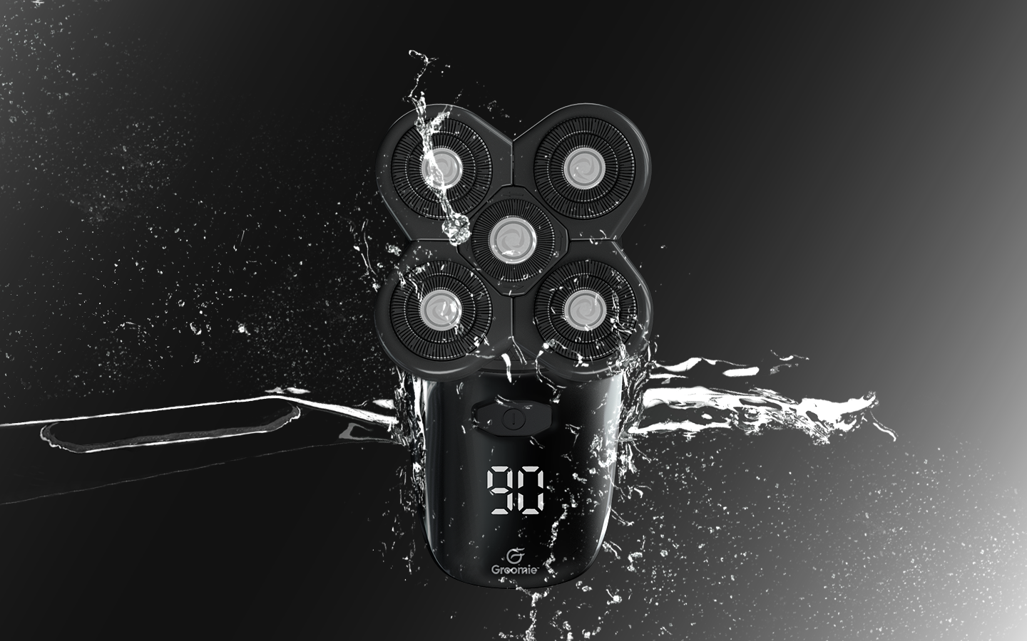 Groomie BaldiePro shaver displayed on bathroom counter with grooming accessories