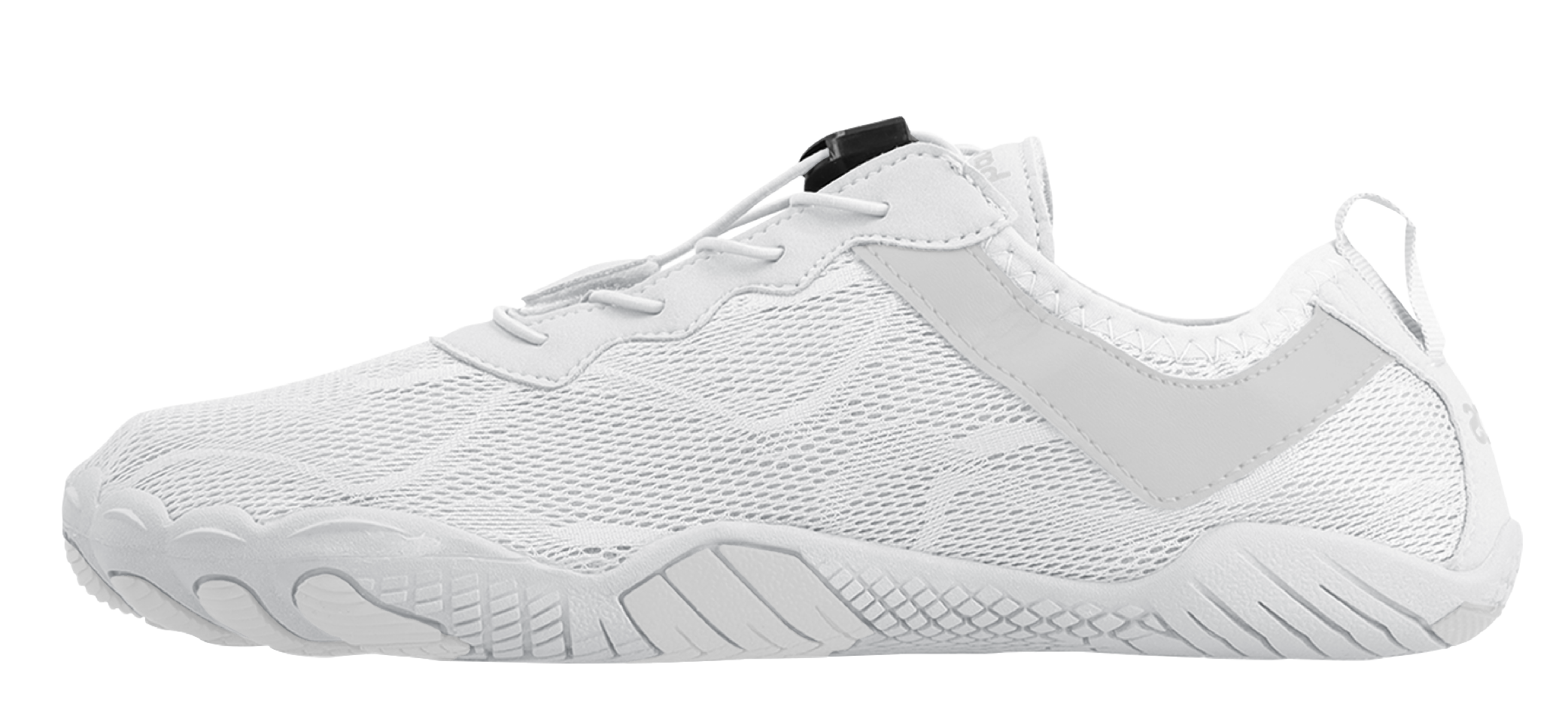 Woman tying the laces on a white and yellow Barestep Active 2.0 shoe