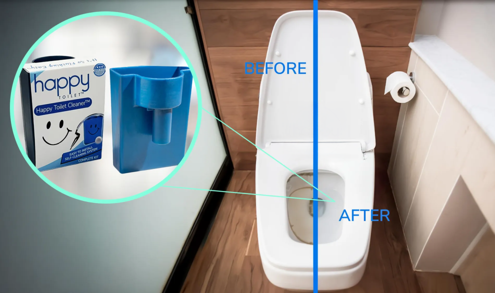 Happy Toilet Cleaner before and after comparison showing clean toilet bowl