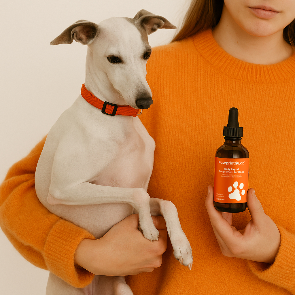 Pawprint Protocol dog longevity supplement bottle on sandy beach