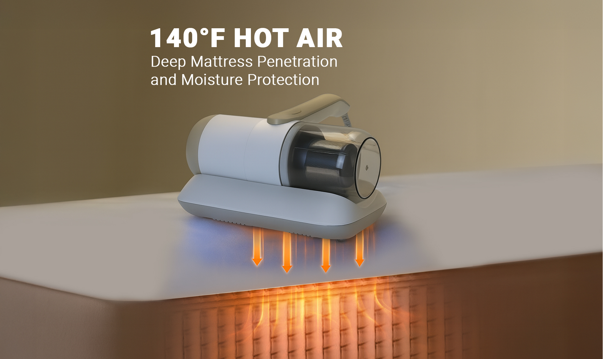 DreamVac UV Mattress Vacuum 2026 — Product Packshot DreamVac 4-in-1 UV mattress vacuum cleaner on wood floor — product packshot