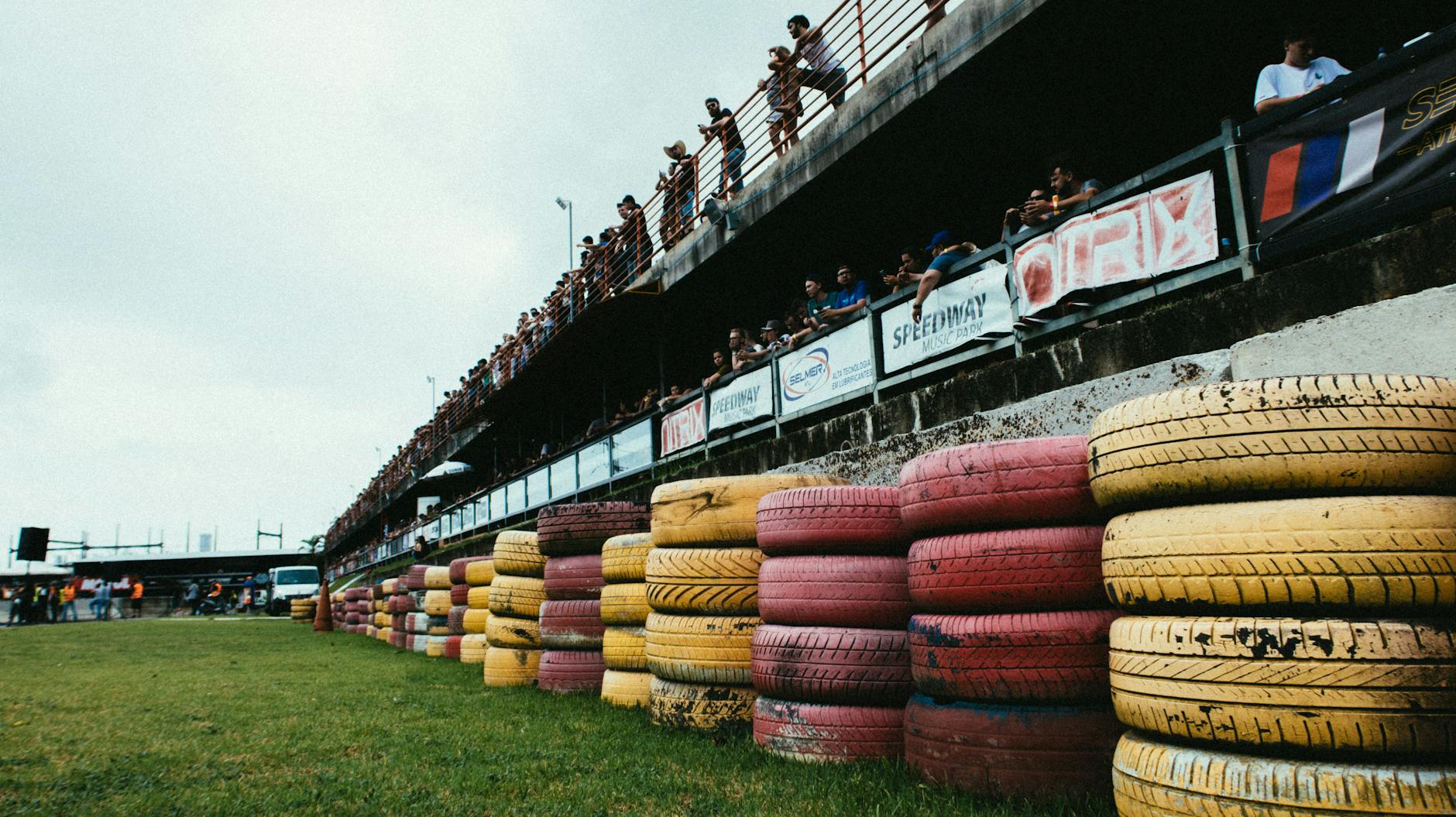 Formula 1 grandstand seating with crowds of motorsport fans