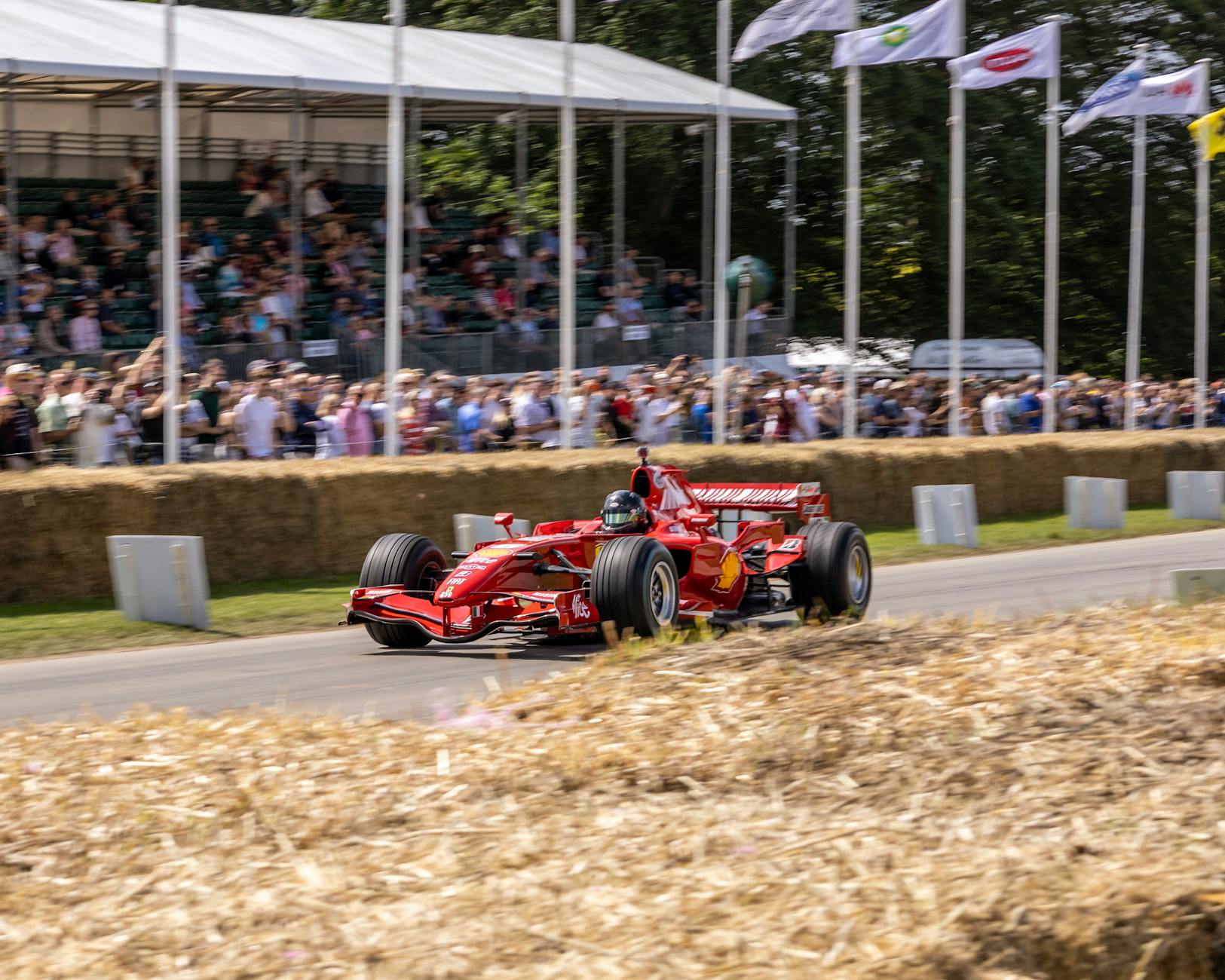 Racing fans packed into a grandstand cheering at a motorsport event with flags waving