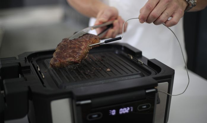 Gourmax Pro Temp Ace smart temperature probe inserted in meat during cooking