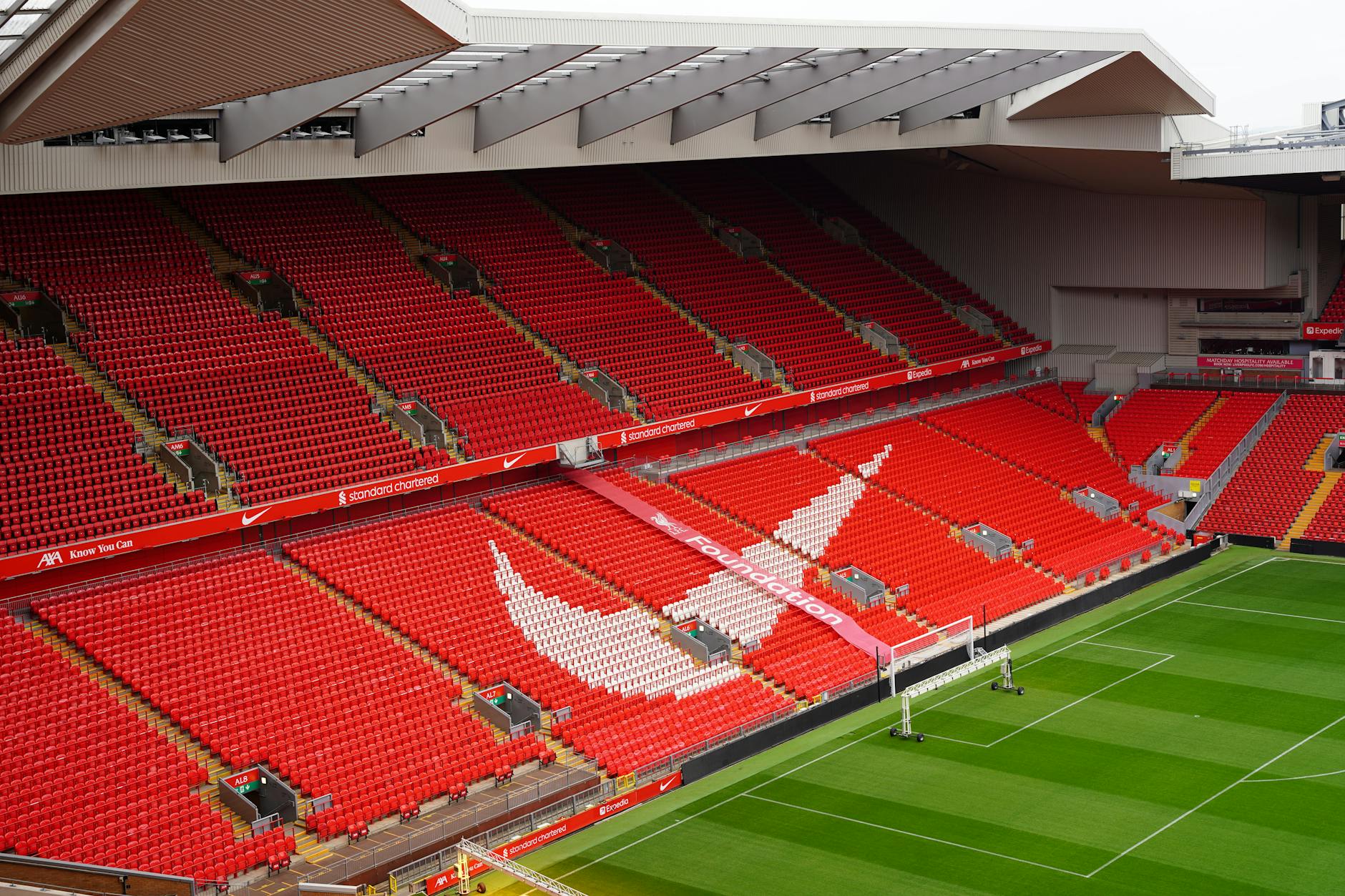Champions League Stadium Architecture 2026 Aerial view of Anfield stadium showing the iconic red seats and pitch layout