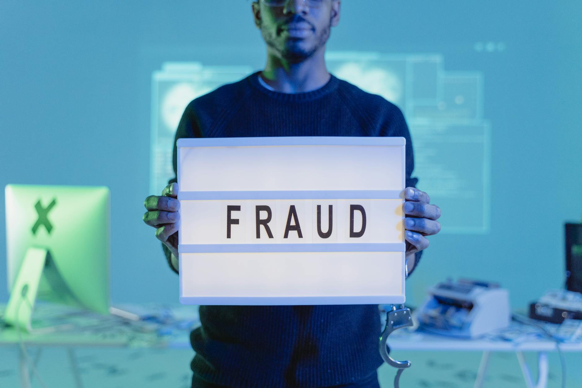 Man holding a FRAUD warning sign illustrating the scale of cybersecurity threats in 2026