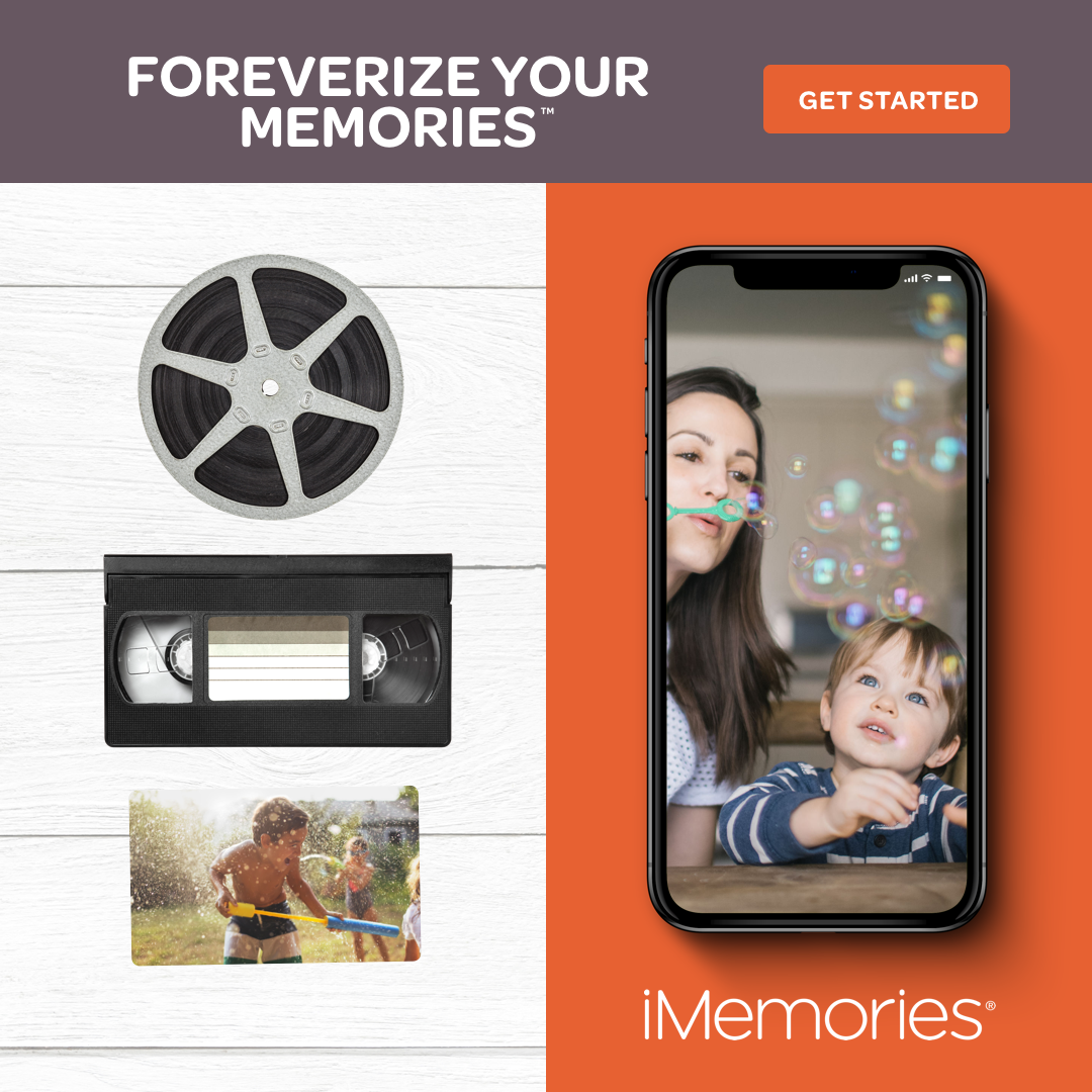 iMemories SafeShip Kit contents showing VHS tape, film reel, and photos alongside packing materials