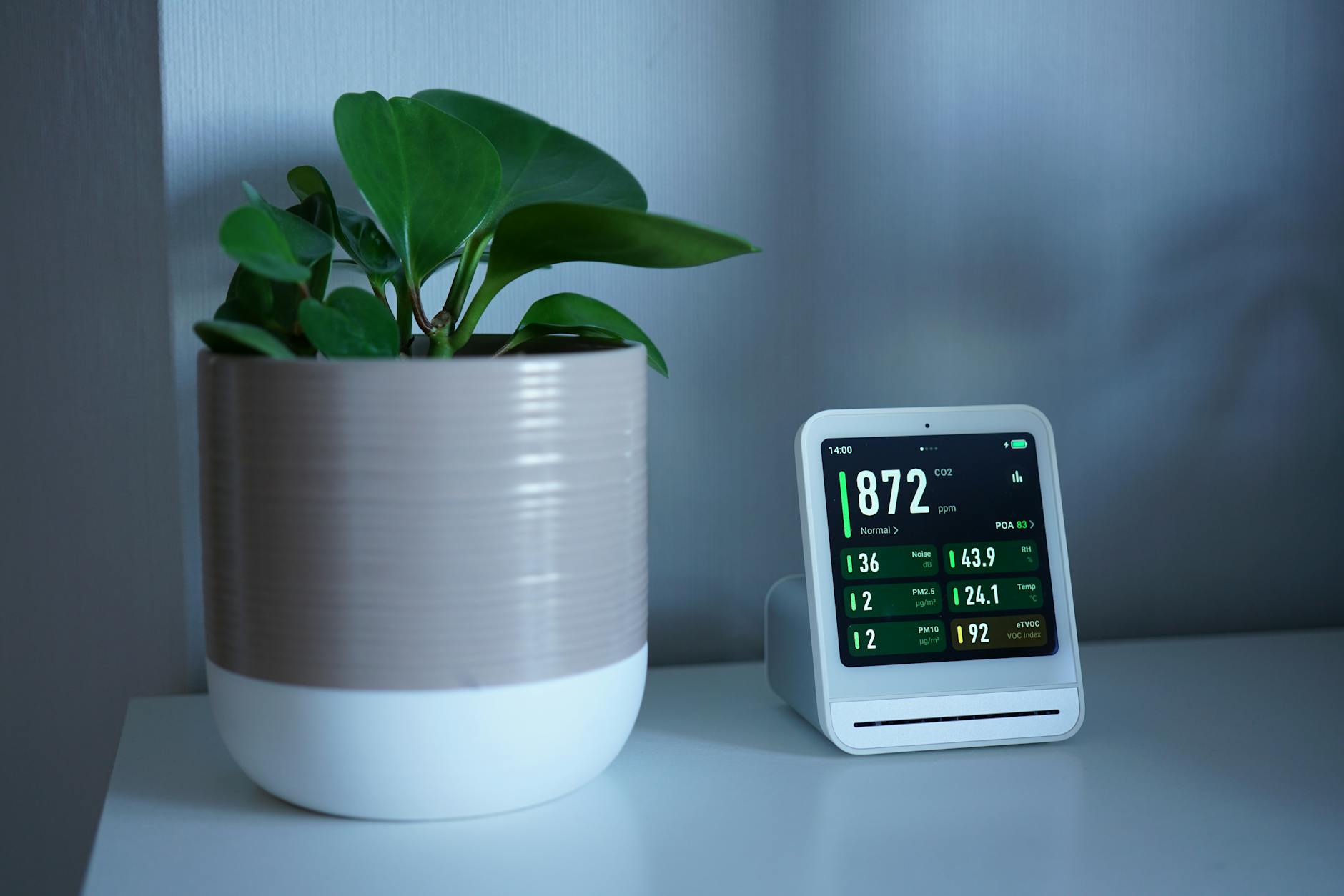 Indoor Air Quality Monitor Measuring CO2 and Particulates Air quality monitor showing CO2 and PM2.5 levels next to an indoor plant