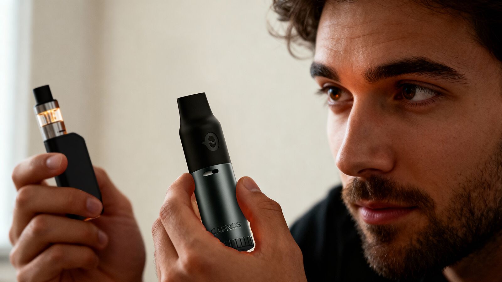 Man using CAPNOS Legura nicotine-free vape alternative indoors