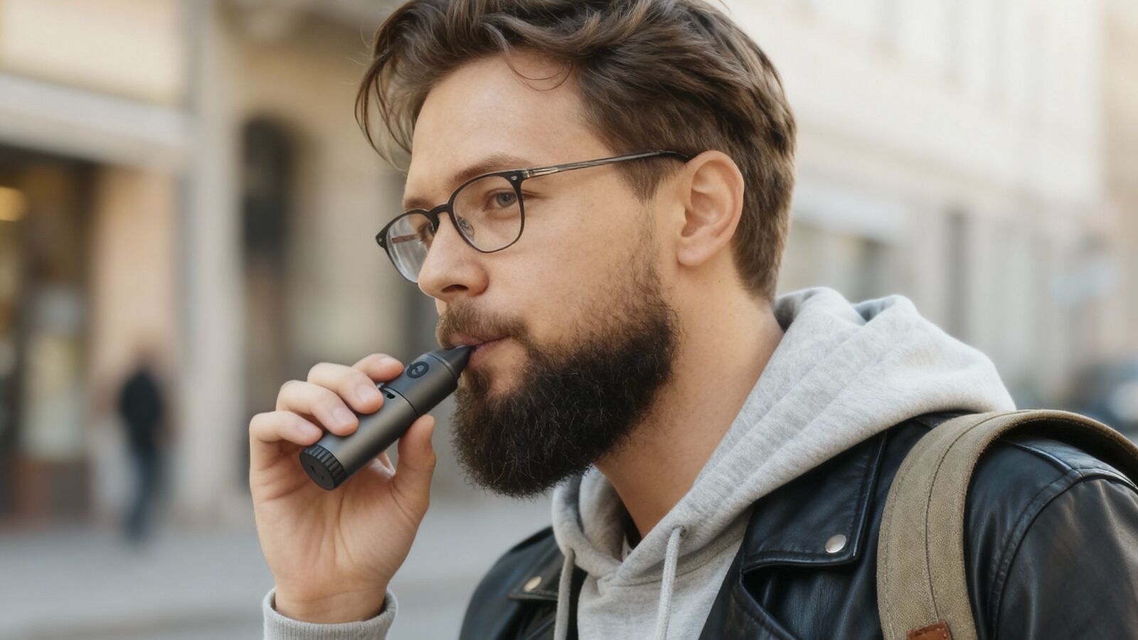 Man using CAPNOS Legura vape alternative outdoors on street
