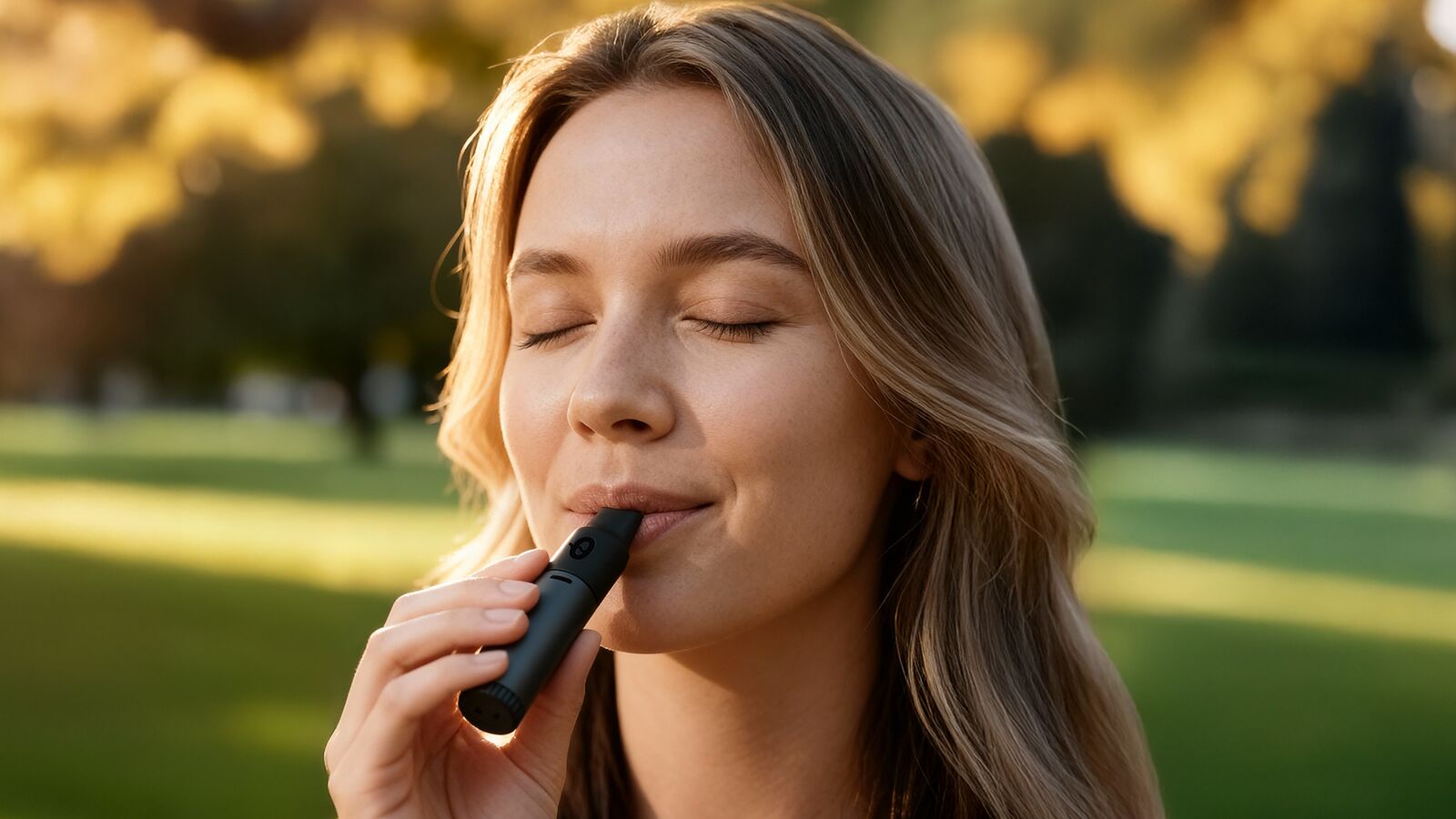 Woman using CAPNOS Legura nicotine-free device in outdoor lifestyle setting