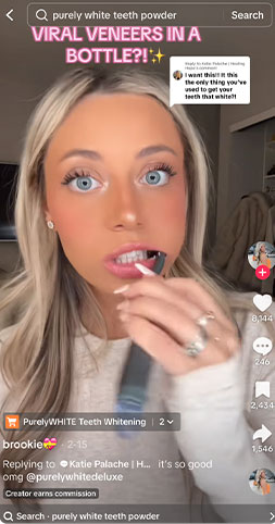 Purely White Deluxe User Testimonial Application 2026 User applying Purely White Deluxe whitening powder with visible enthusiasm over her results