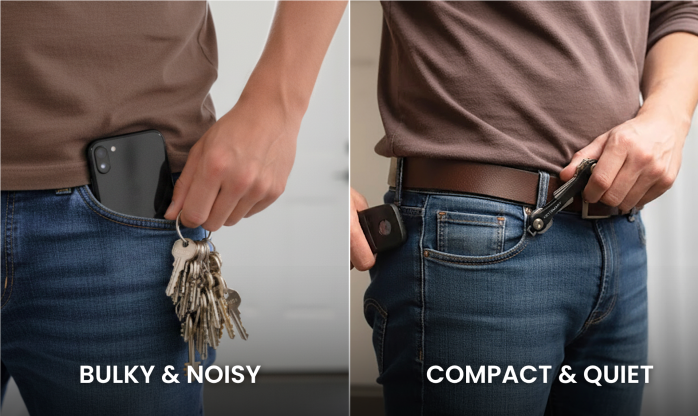 KeySmart key holder preventing pocket damage and phone screen scratches