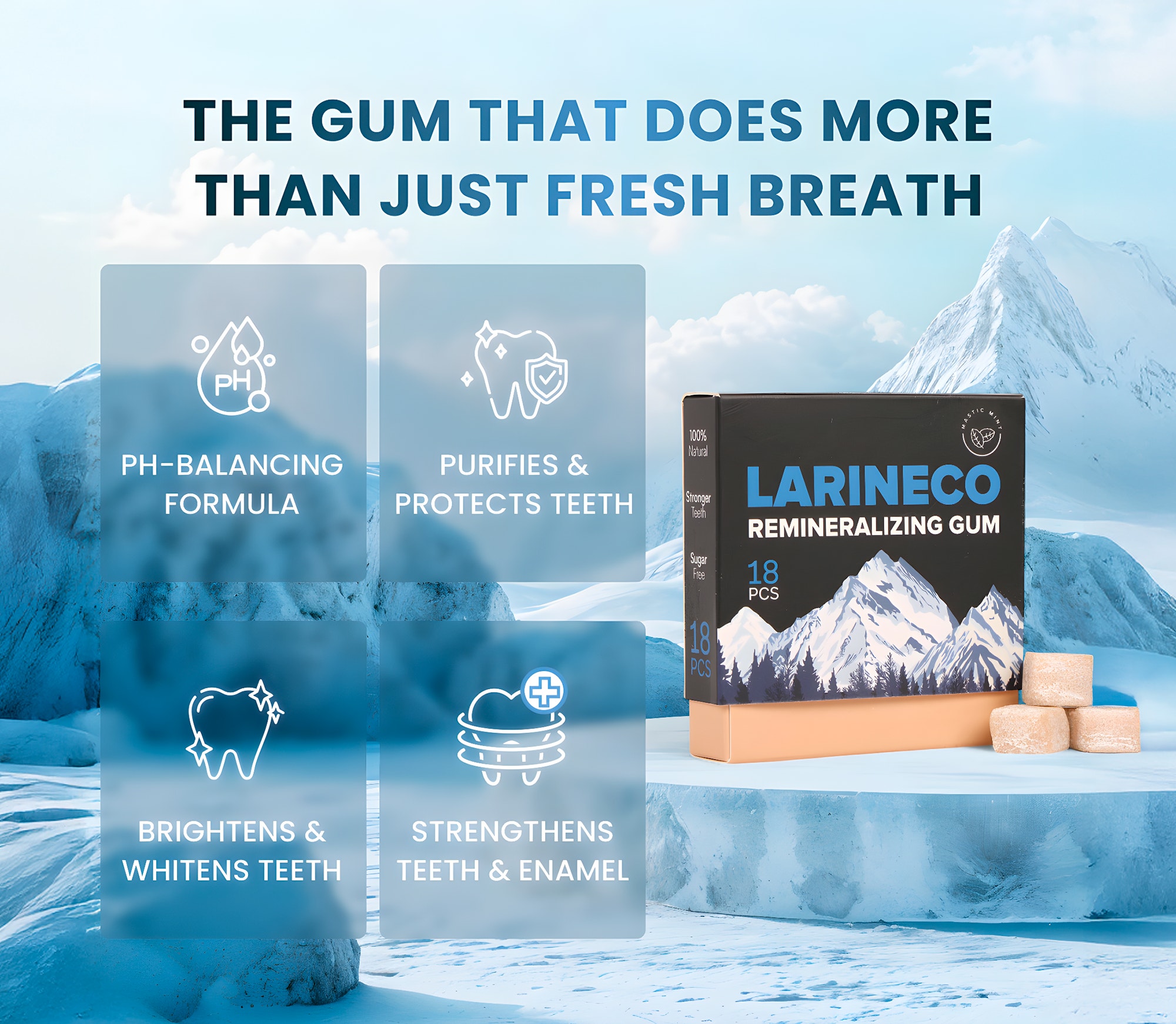 Larineco Remineralizing Gum shown with packaging and gum pieces for enamel strengthening