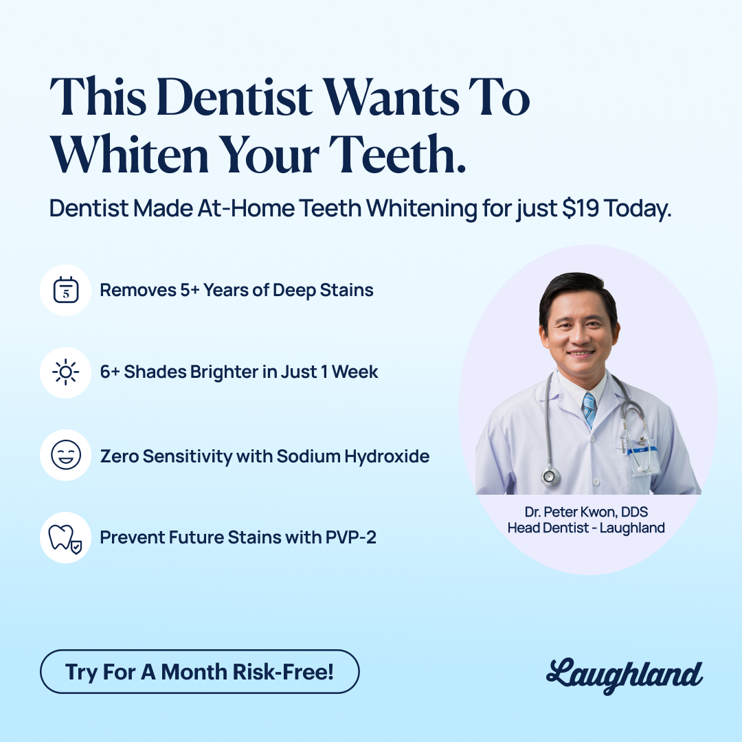 Woman using Laughland LED whitening mouthpiece with blue NanoLight activated