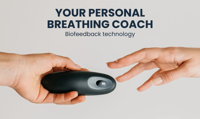 Moonbird breathing device features diagram showing haptic feedback, HRV tracking, and session modes