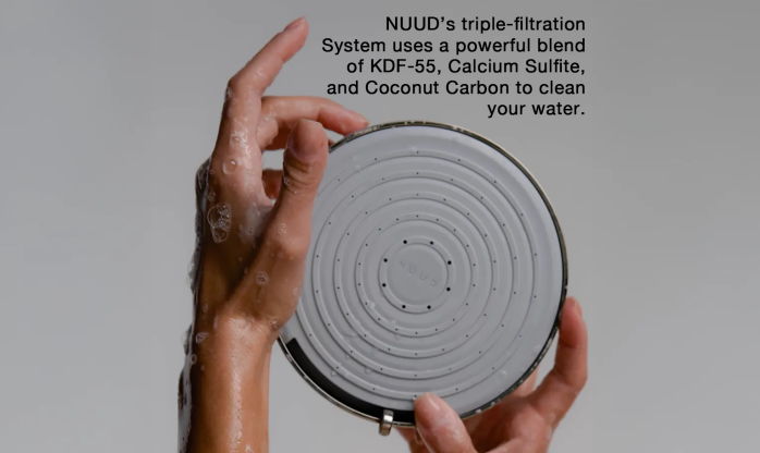 NUUD Triple Filtration System 2026 NUUD showerhead triple filtration system diagram showing three-stage water purification