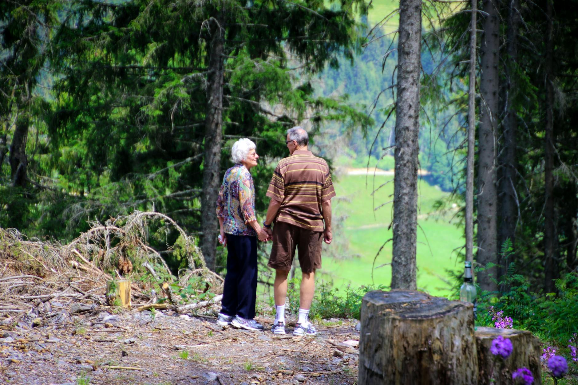 Senior couple holding hands while walking along a forest trail for gentle pain-relieving exercise