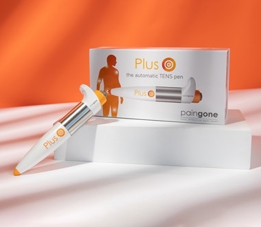 Paingone Plus TENS pen displayed on an orange background