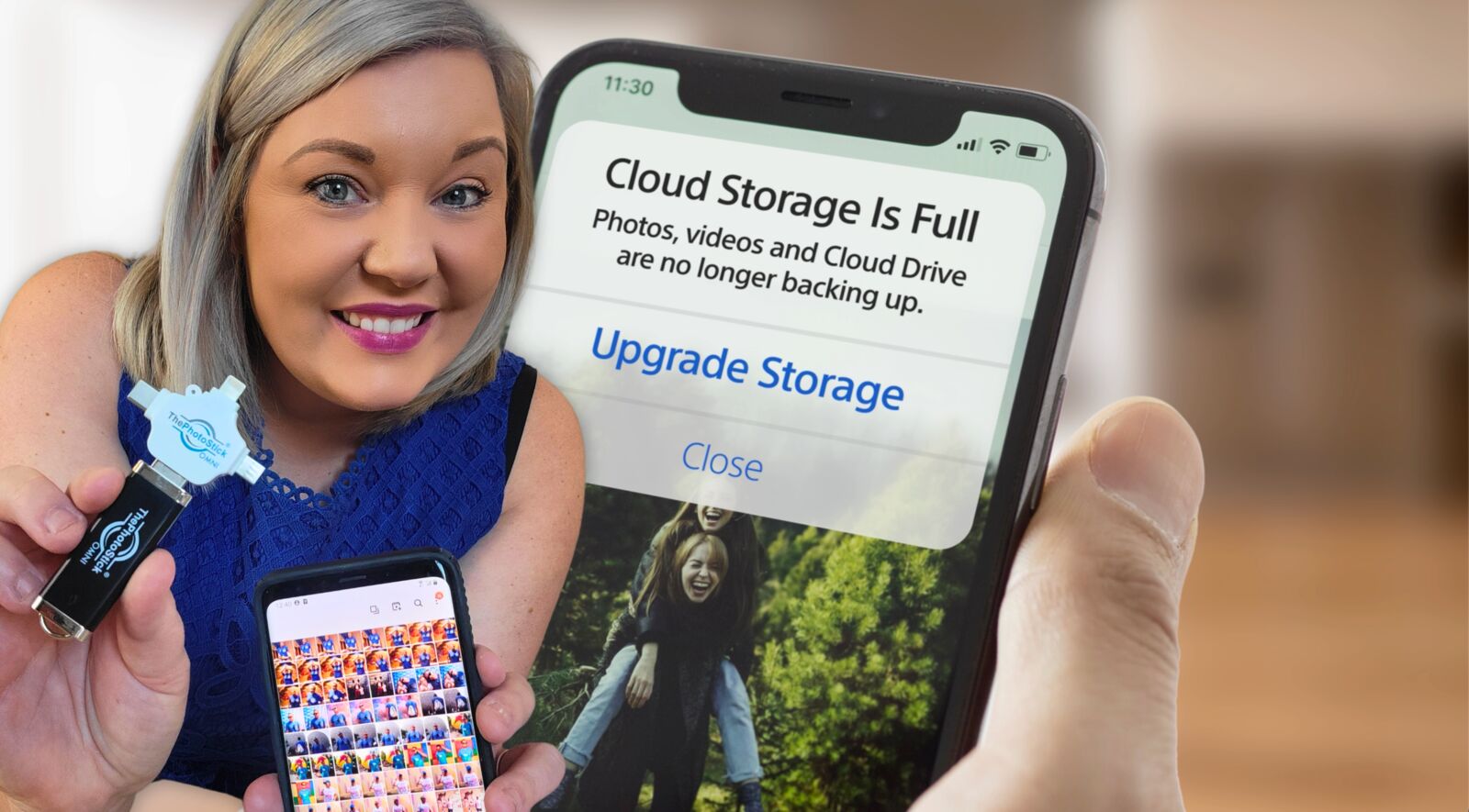 Woman reviewing her backed-up family photos on a laptop after using ThePhotoStick Omni