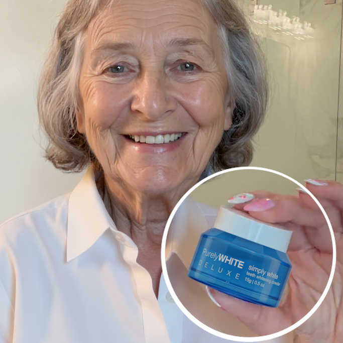 Purely White Deluxe Real Users 2026 Older woman smiling and holding Purely White Deluxe jar showing real user satisfaction