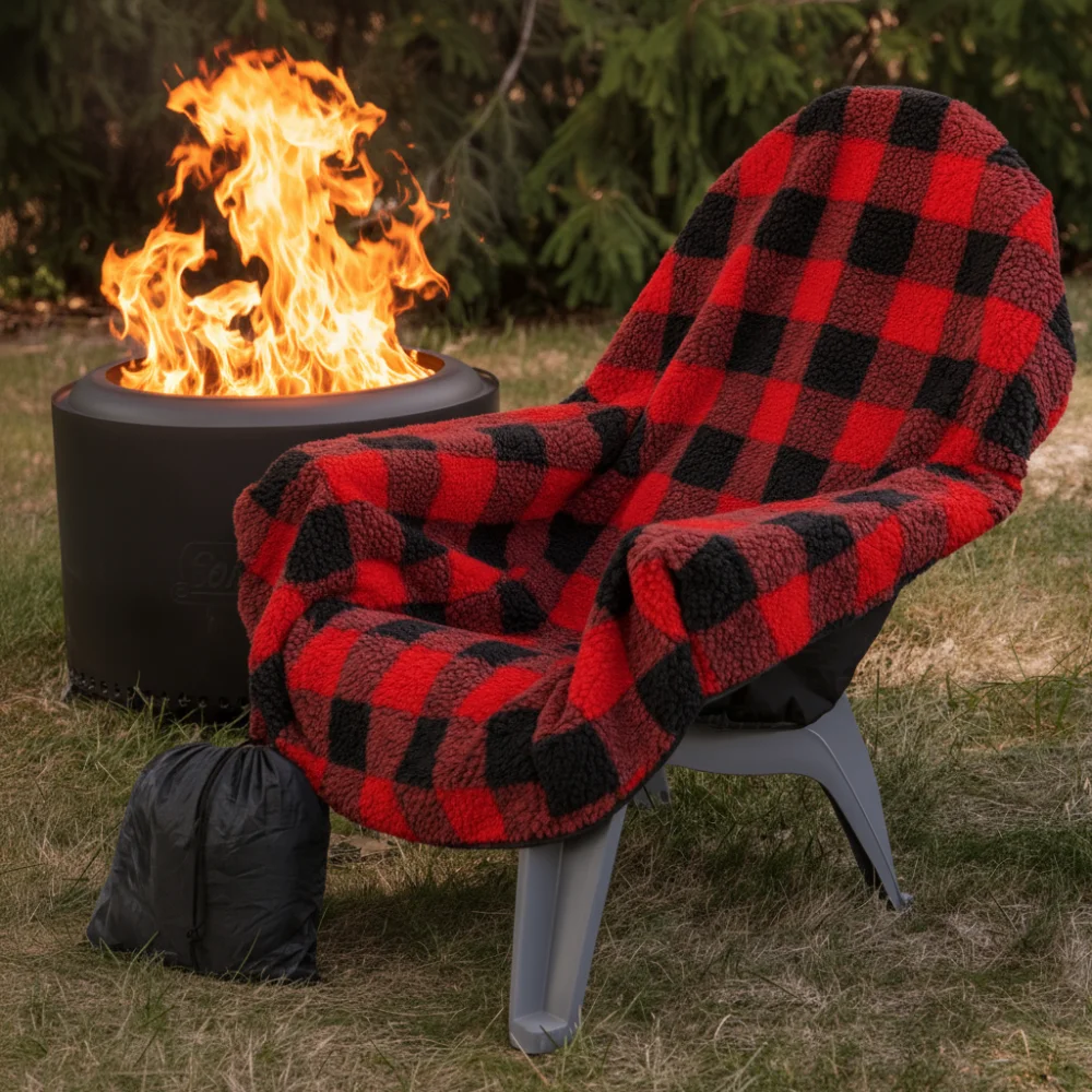 The Chair Blanket in red and black fitted to an outdoor chair