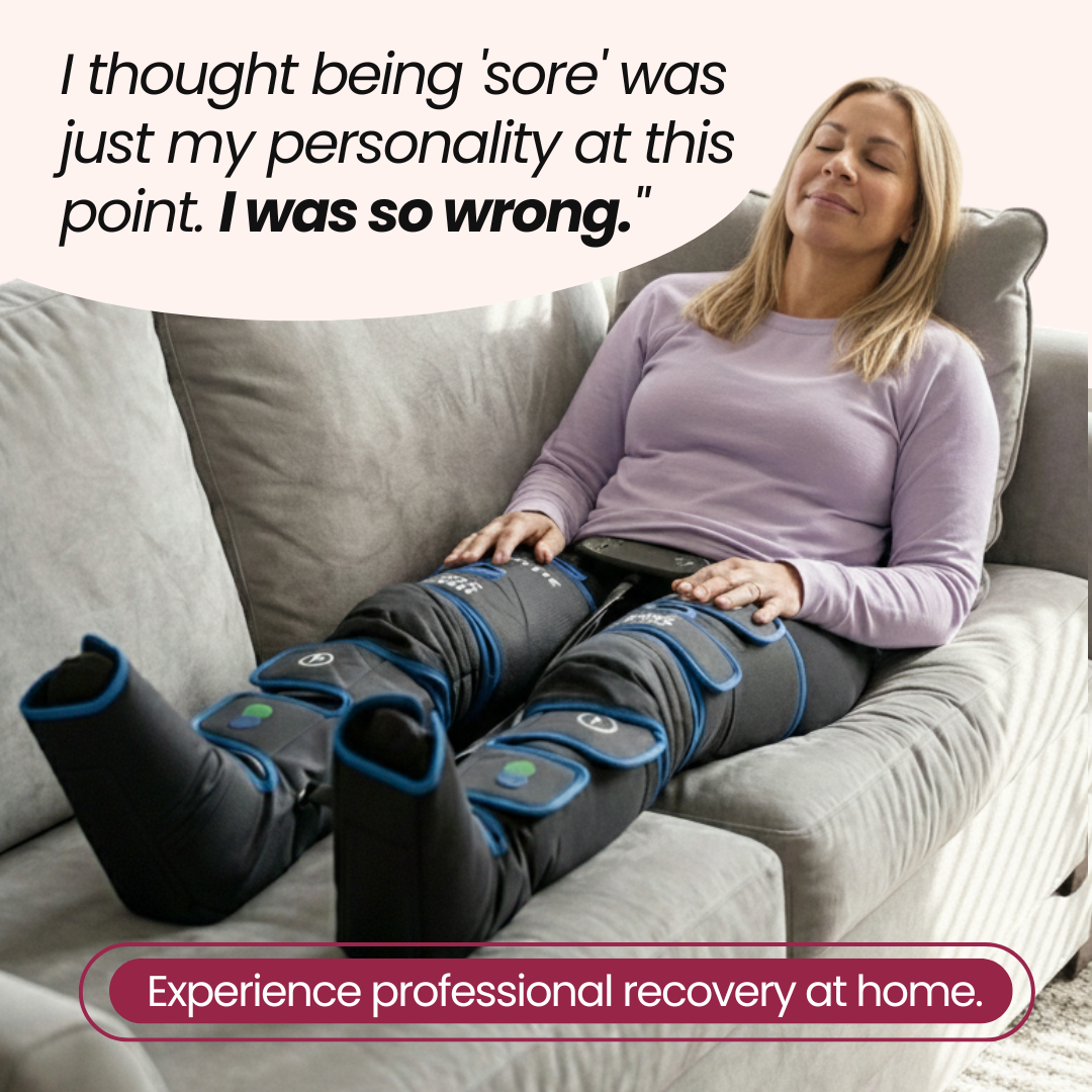 Woman relaxing on couch using Air-C leg compression sleeves with customer quote about soreness relief