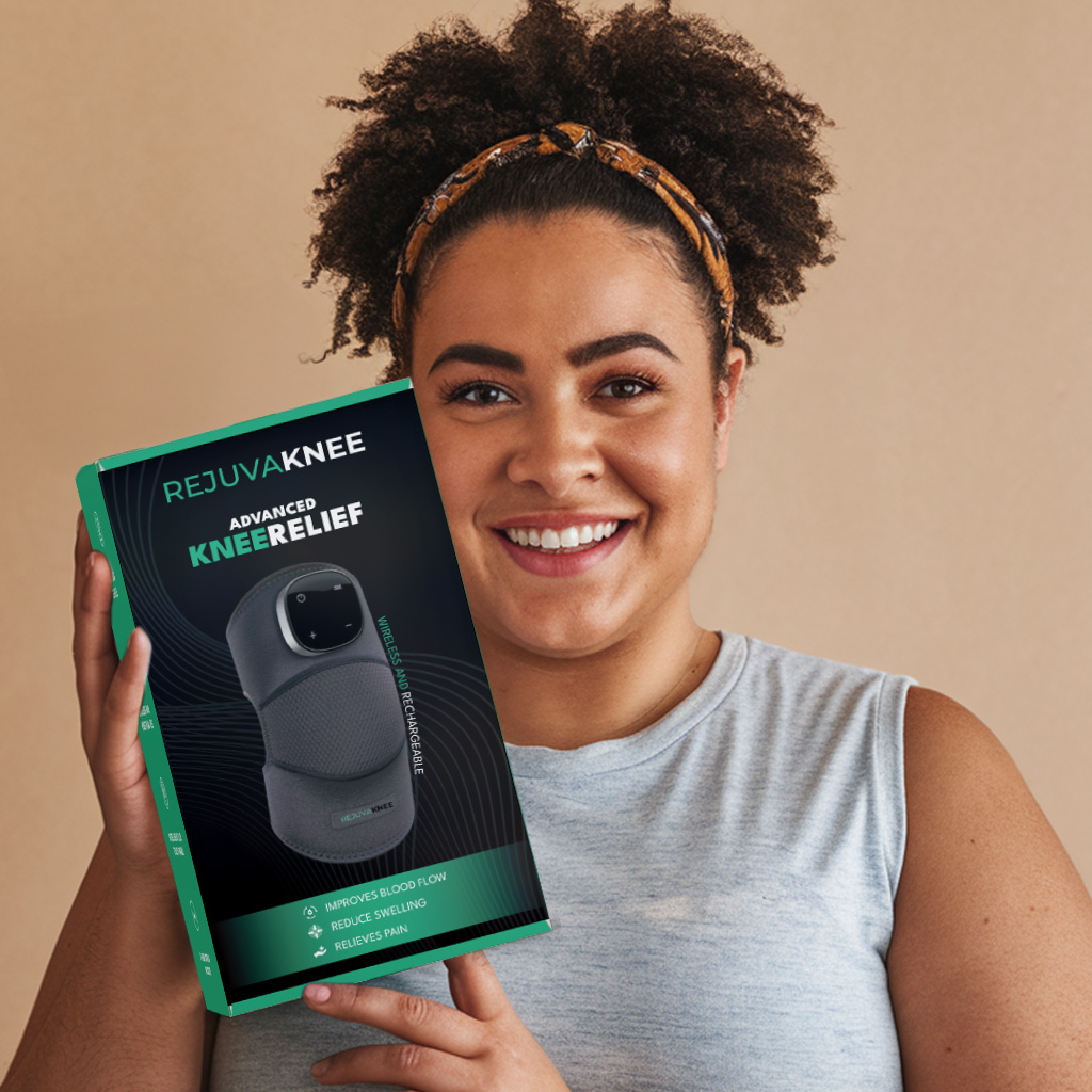 RejuvaKnee Triple Method Massager - Real User Reaction 2026 Woman reacts with surprise to her knee pain relief results using the RejuvaKnee massager
