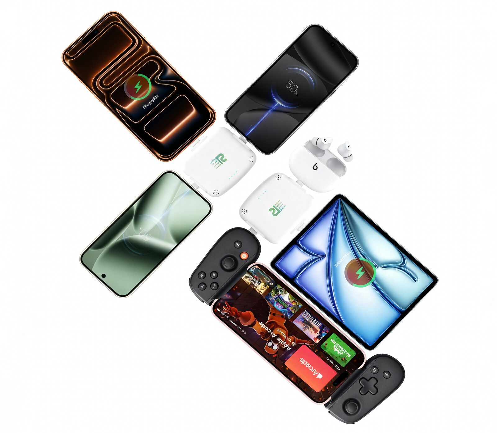 Rush Charge portable charger showing LED battery display and compact pocket-sized design