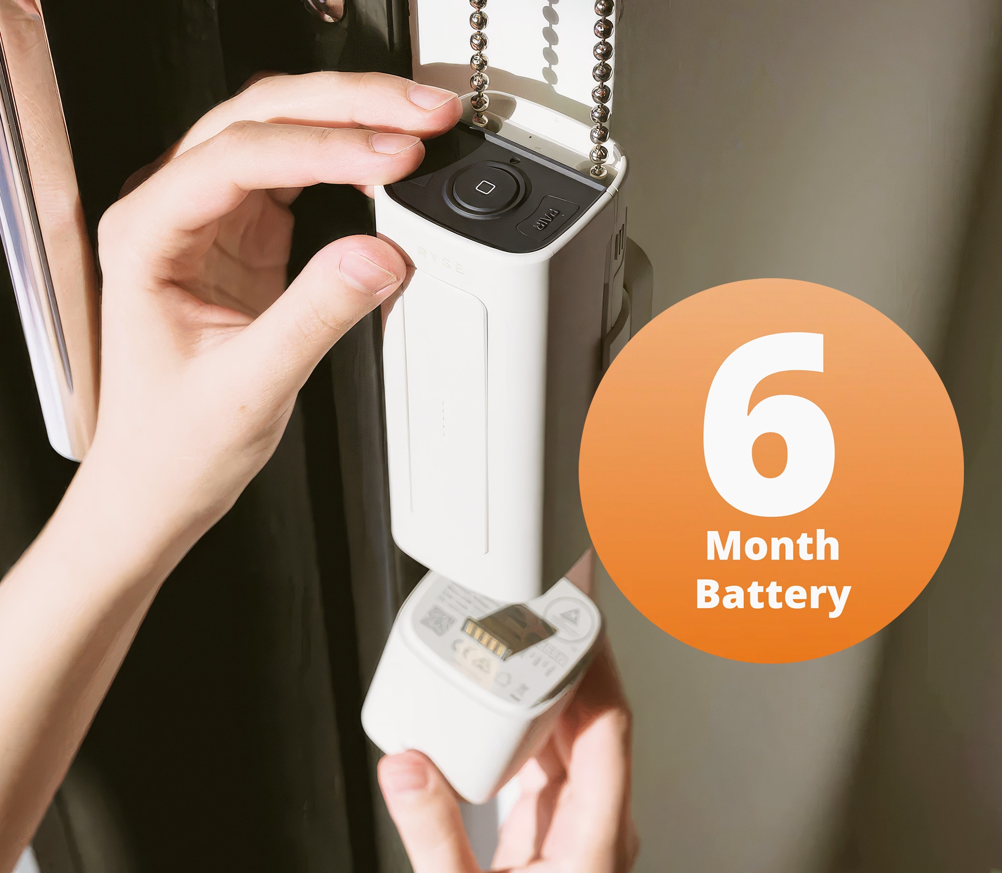 RYSE SmartShade installed on roller blinds in a modern living room showing automated smart shade in real home setting