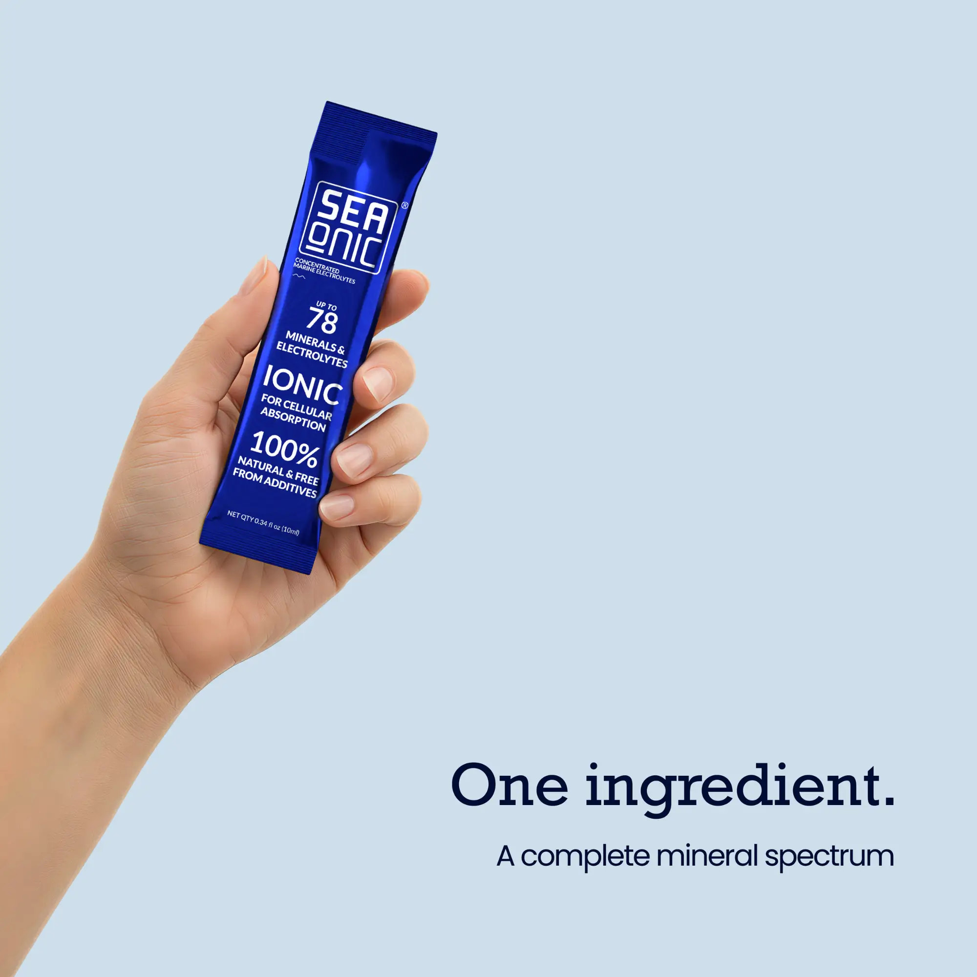 Seaonic Ocean Mineral Supplement — Daily Use 2026 Seaonic liquid ionic mineral supplement sachets being prepared in a glass of water