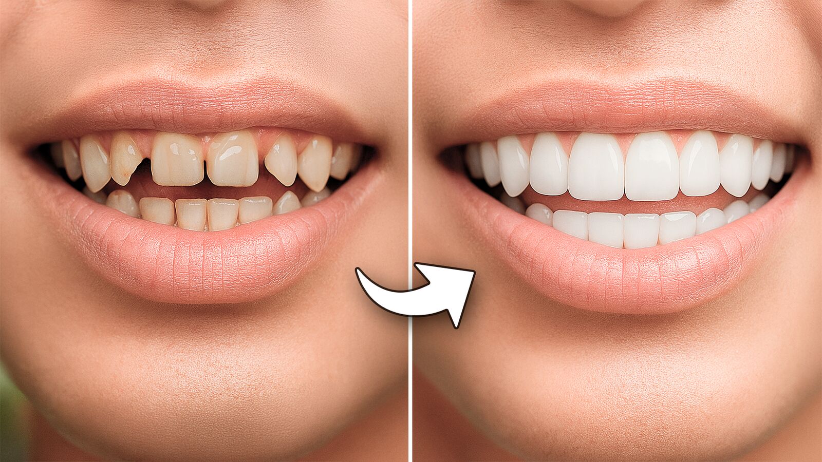 Shiny Smile Veneers before and after - yellow unaligned teeth transformed to bright white with snap-on veneers