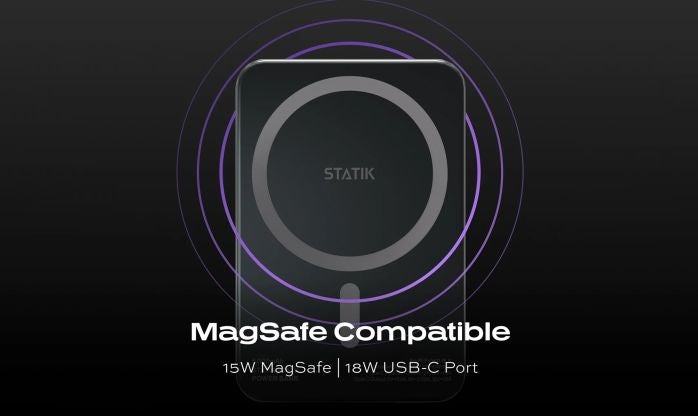 Statik State Power Bank Wireless Charging Demo 2026 Statik State power bank charging an iPhone wirelessly via MagSafe