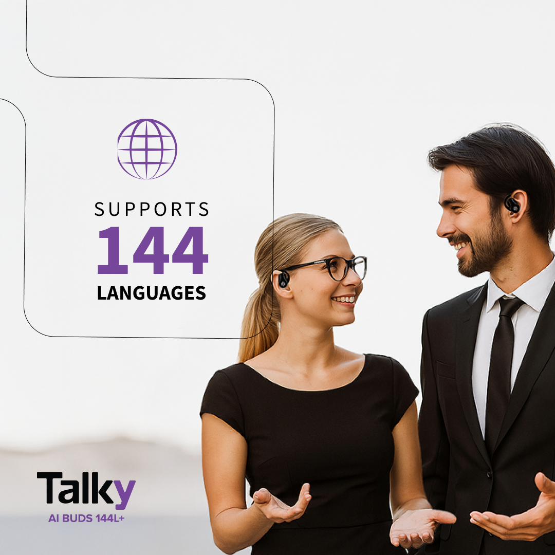 Talky AI Buds app screenshot showing four translation modes: Touch Mode, Speaker Mode, Free Talk, and Listening Mode