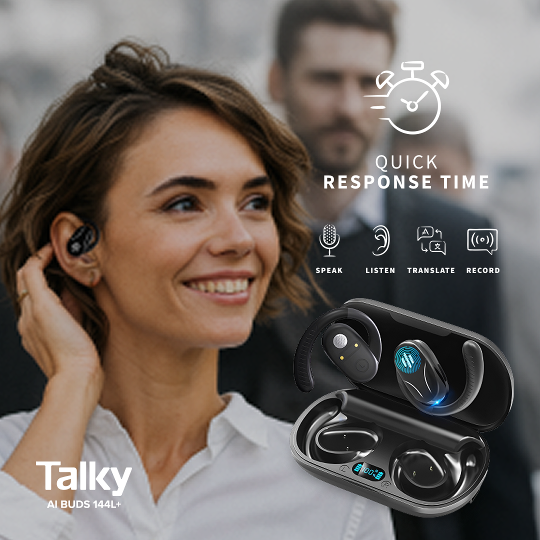 Talky AI Buds bilingual conversation interface showing English and German exchange in real-time translation mode