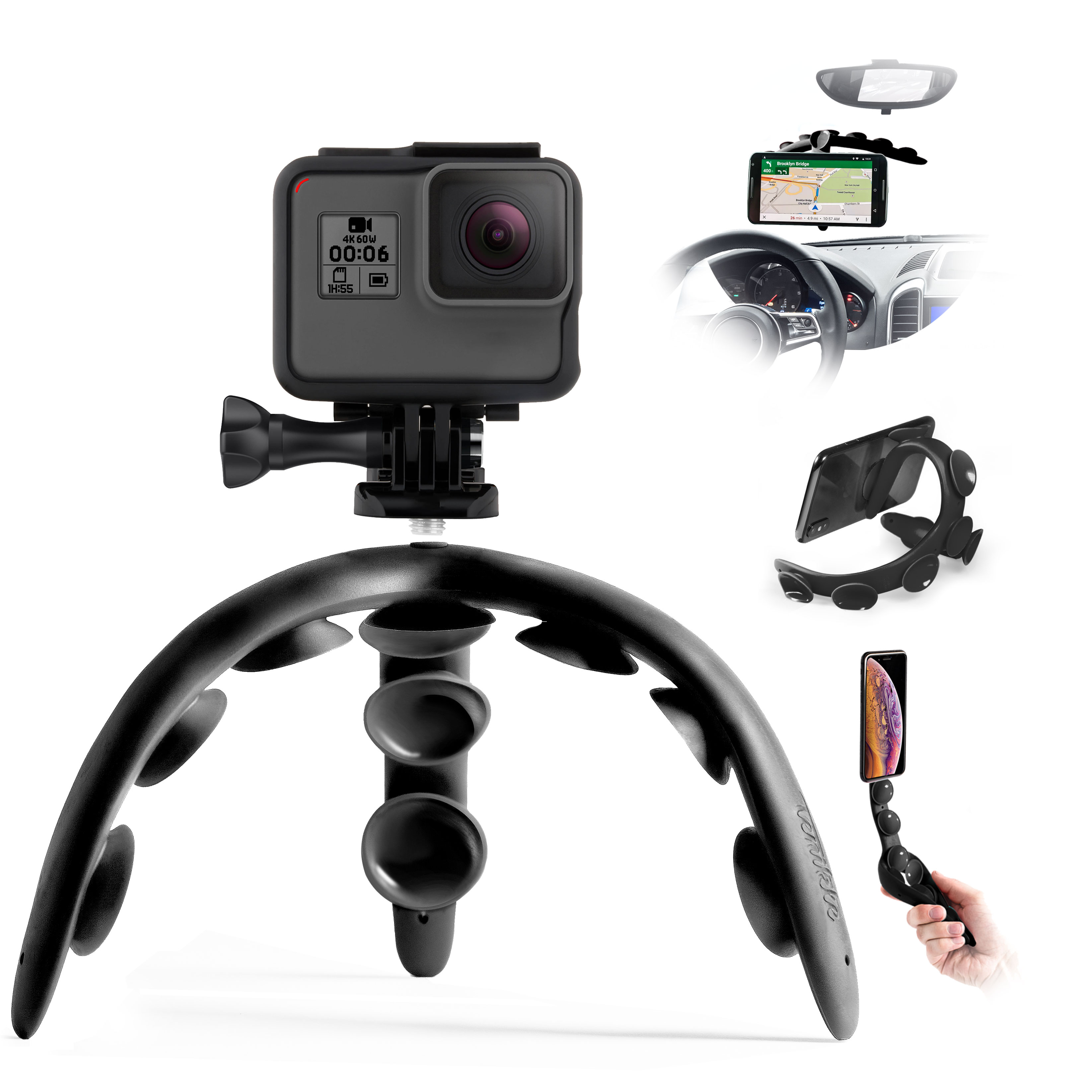Tenikle Gym Use 2026 Person using Tenikle flexible suction mount on exercise bench at the gym