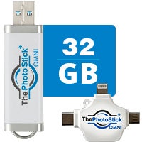 ThePhotoStick OMNI device with multiple USB connector tips for iPhone, Android, Mac, and PC
