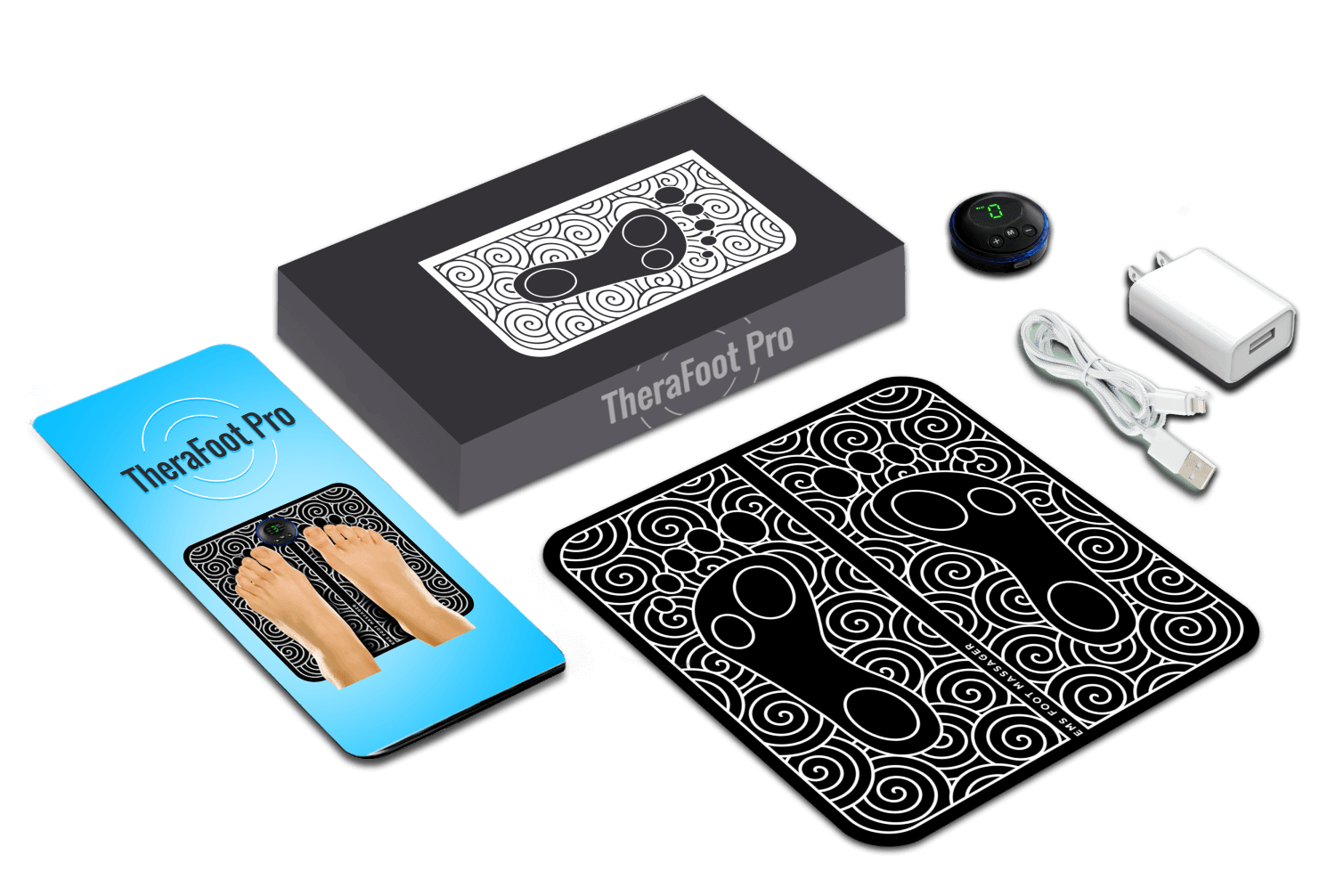 Woman holding TheraFoot Pro device with on-screen text promoting fast foot pain relief results