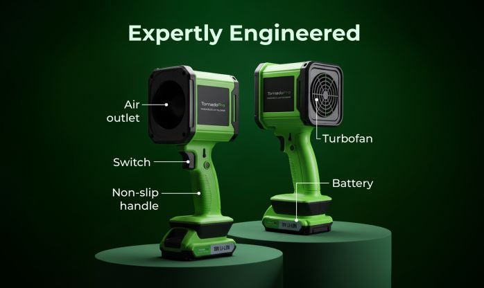 Tornado Pro anatomy diagram with labeled components including motor, battery, LED, and power button