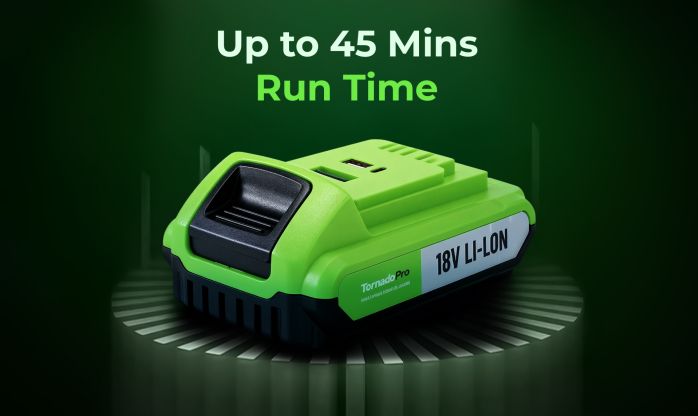 Tornado Pro battery close-up showing 45 minute runtime and 7500 mAh capacity