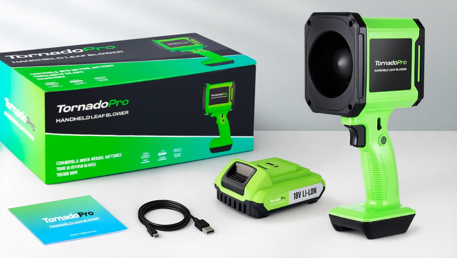 Tornado Pro unboxing flat-lay showing device, battery, charging cable, manual, and box