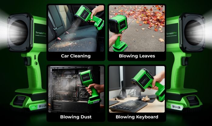 Tornado Pro 4-panel use case grid showing leaf blowing, car cleaning, dust removal, and keyboard cleaning